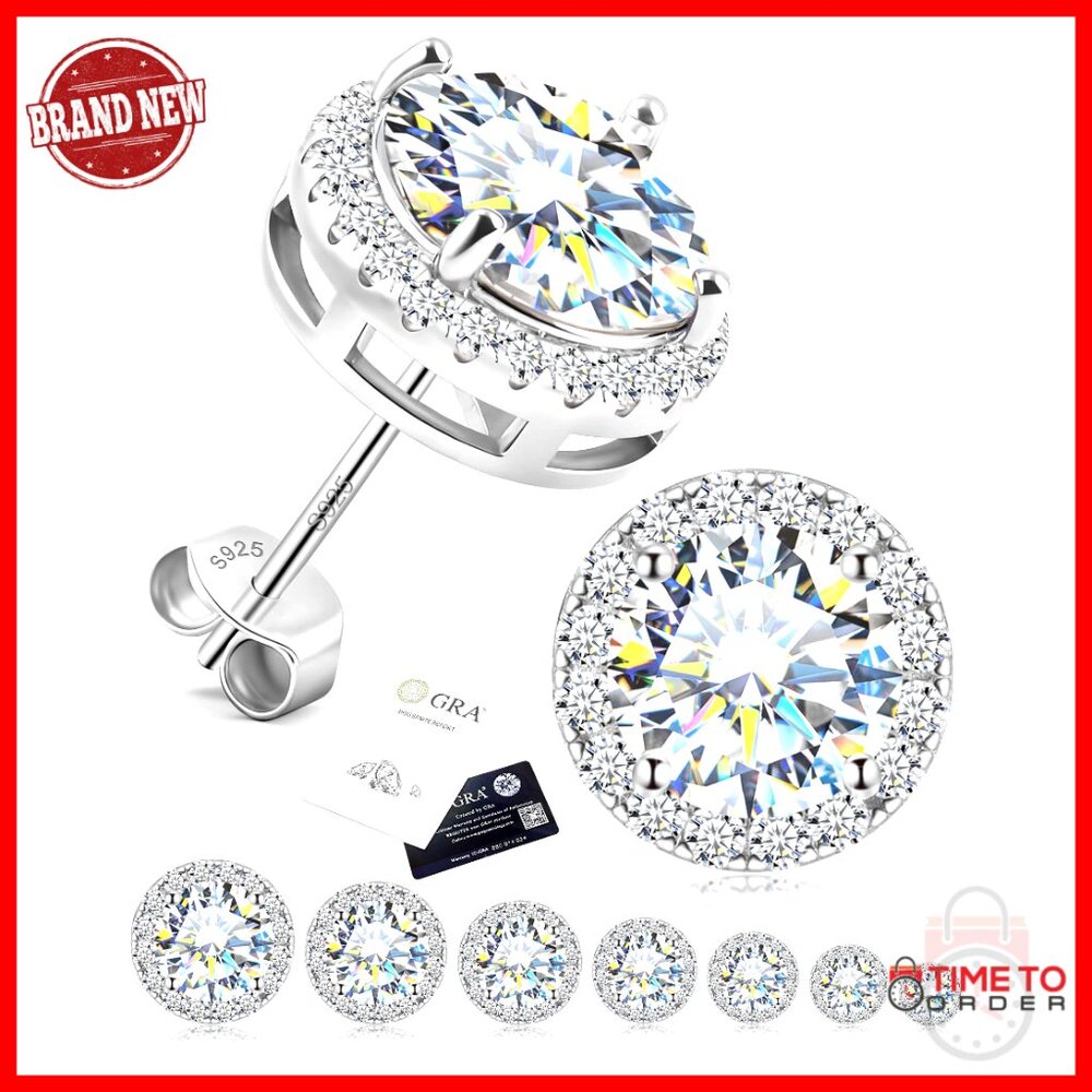Sterling Silver Moissanite Halo Stud Earrings Hypoallergenic Gift